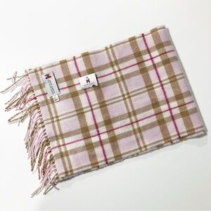 John Hanly | Pink Plaid Wool Fringe Scarf OS Cabincore Gorpcore Warm Winter